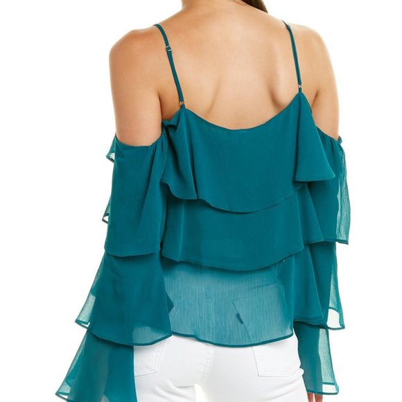 NWT BCBG Sea Green Ruffle Chiffon Bell Sleeve Top - Picture 5 of 8